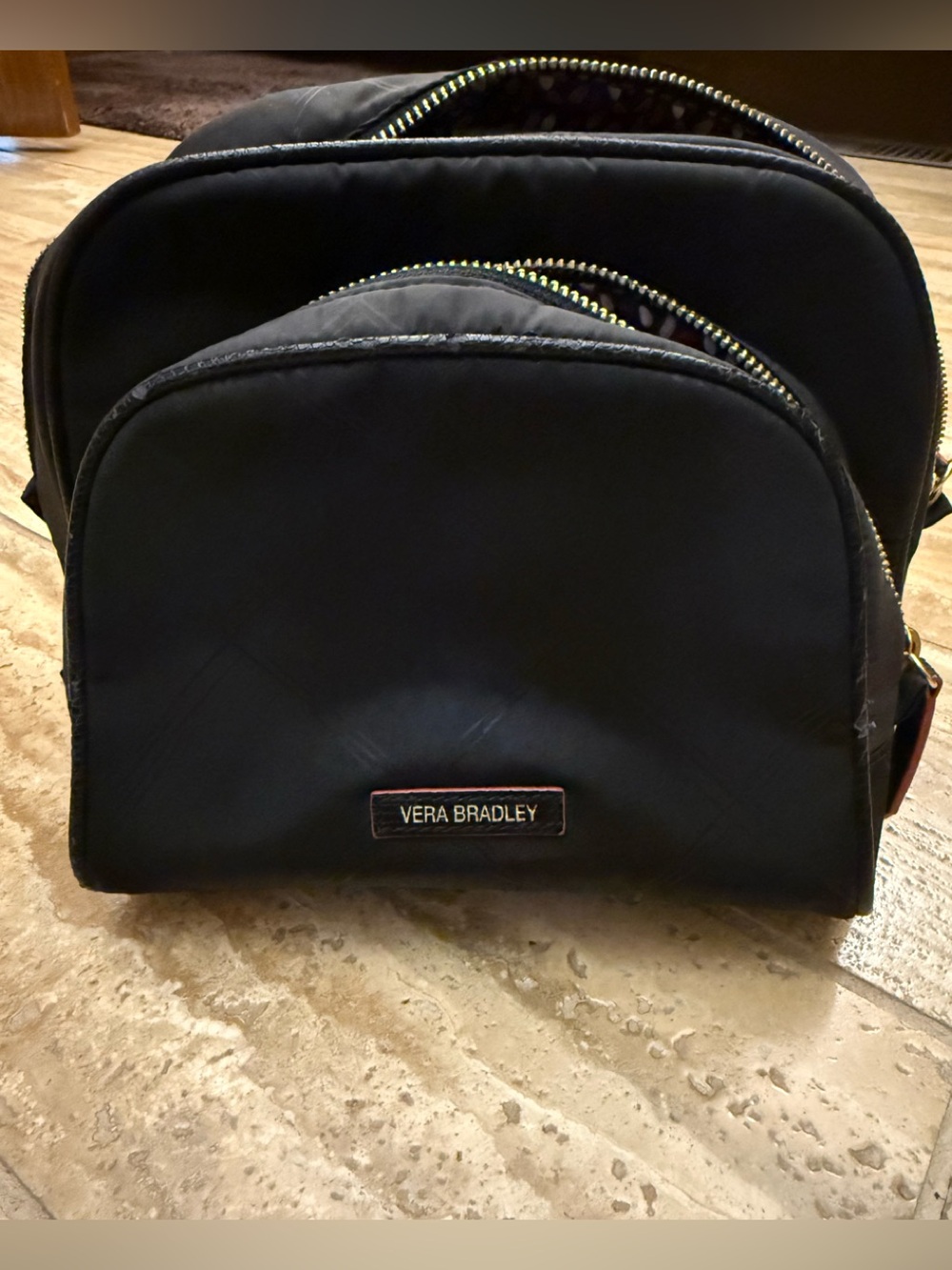 Vera Bradley Black Preppy Polly Nylon Toiletry Cosmetic Pouches Set
